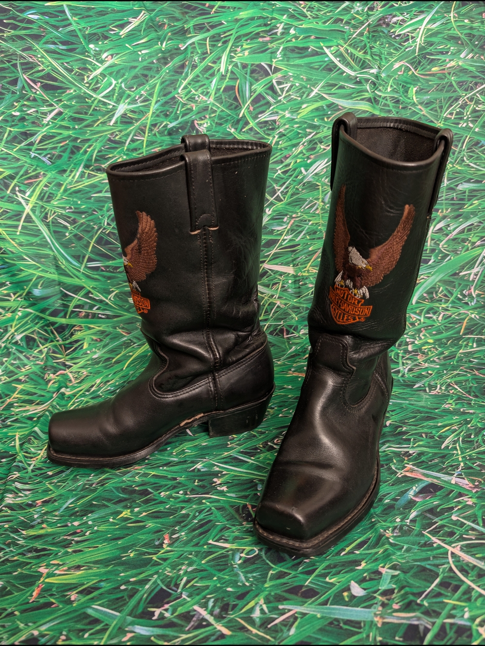VTG Harley Davidson Black Leather Motorcycle Boots Patina Embroidered Eagle 8L - Picture 4 of 12